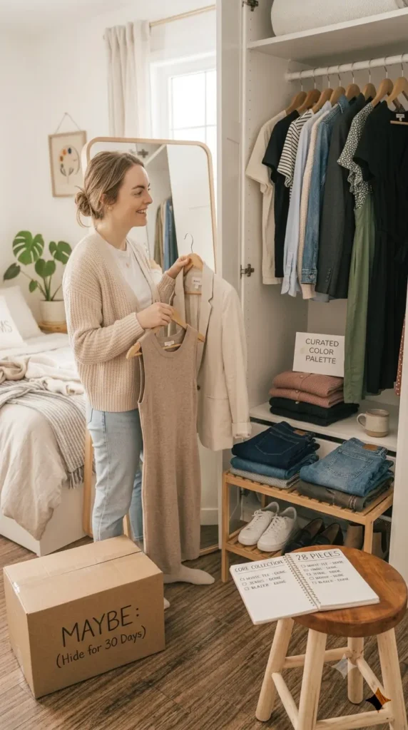This Pinterest pin, titled "Sunday Morning Build Your Core Collection.webp", captures a woman joyfully curating her wardrobe, with a notebook detailing a 28-piece collection. It serves as an inspiring guide for women's fashion, demonstrating how to build a functional Capsule Wardrobe by selecting versatile, core essentials. By focusing on intentional pieces that work together, you can create a simplified, stylish closet that makes getting dressed effortless and enjoyable.