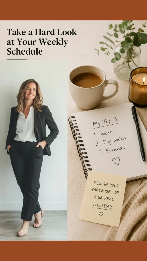 Women's fashion Pinterest pin titled "Take a Hard Look at Your Weekly Schedule.webp". The image features a professional woman in a black blazer on the left, and a notebook on the right listing "My Top 3" activities: work, dog walks, and errands, with a note to "design your wardrobe for your real Tuesday." This pin provides insightful tips for curating a functional Capsule Wardrobe that perfectly fits your lifestyle and daily routine.
