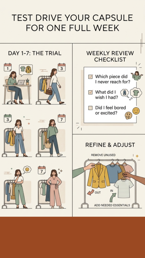 Women's fashion Pinterest pin titled "Test Drive Your Capsule for One Full Week.jpg". The infographic uses illustrations to show a 7-day trial period, a weekly review checklist, and steps to refine and adjust your collection. It provides a practical, step-by-step method for women to evaluate their outfits and successfully optimize a Capsule Wardrobe by removing unused items and adding missing essentials.
