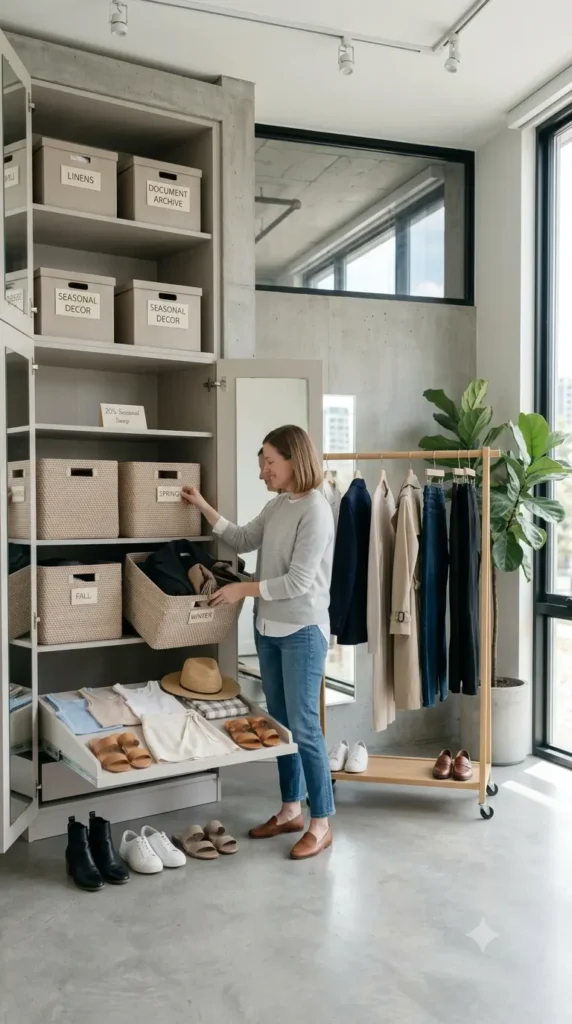 This Pinterest pin, titled "The 20% Seasonal Swap Rule.webp", illustrates an organized closet system where a woman is actively managing her wardrobe. This helpful visual guide demonstrates how to apply the "20% seasonal swap rule" to maintain an efficient and curated Capsule Wardrobe for women's fashion. By periodically rotating a portion of your clothing, you can keep your closet functional and perfectly suited for the current season.