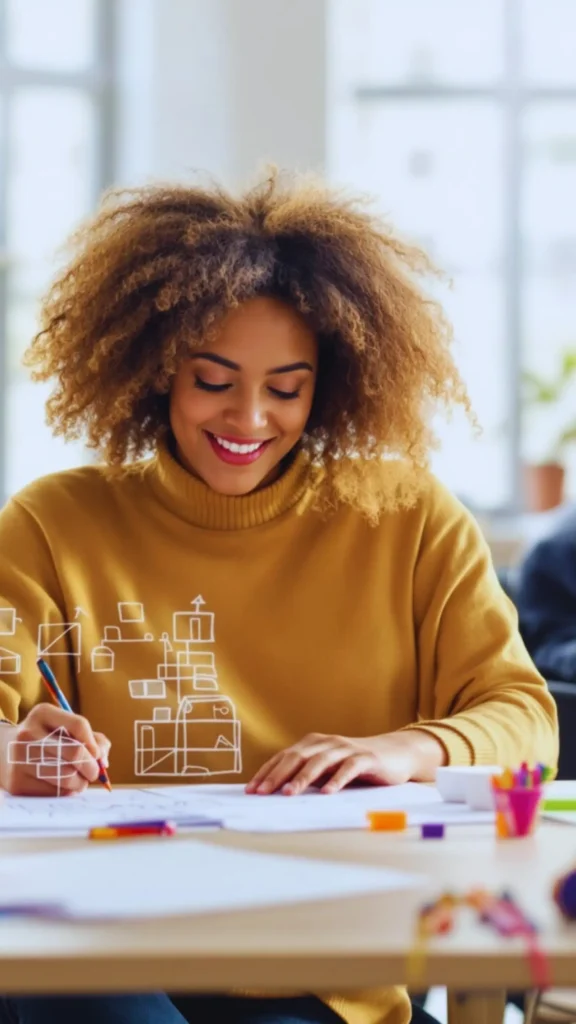 This Pinterest pin, titled "The Different Ranges Which One Fits You.webp", features a smiling woman in a mustard yellow sweater, actively drawing diagrams that represent different structural concepts. This image serves as an engaging way to explore the diverse ranges and possibilities within a Capsule Wardrobe for women's fashion, helping you identify which specific approach or size best fits your personal lifestyle and needs.