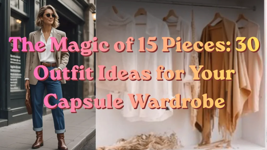 This Pinterest pin, titled "The Magic of 15 Pieces 30 Outfit Ideas for Your Capsule Wardrobe.webp", features a stylish woman in a blazer and jeans alongside a view of a minimalist closet. This image highlights how to create 30 unique outfits from just 15 foundational items, making it an essential guide for building a versatile Capsule Wardrobe in women's fashion. It demonstrates the power of intentional curation to achieve effortless, stylish looks with fewer pieces.