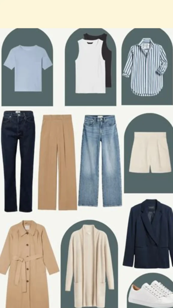 Pinterest pin titled "The Simple Capsule Wardrobe Definition.webp". This visual guide showcases a curated collection of essential women's fashion items, including classic tops, tailored trousers, denim, a trench coat, a cardigan, a blazer, and versatile sneakers. By displaying these timeless, neutral pieces, this pin illustrates the fundamental concept of a Capsule Wardrobe, demonstrating how a small, intentional selection of clothing can create numerous stylish and effortless outfits.