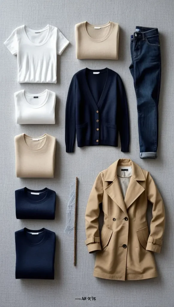 This Pinterest pin, titled "The Three-Layer System Your Best Friend.webp", showcases a flat lay of versatile clothing essentials, including t-shirts, sweaters, a cardigan, jeans, and a trench coat. This visual guide demonstrates the "three-layer system" as a key strategy for building an efficient Capsule Wardrobe in women's fashion. By organizing key layers, you can create a functional, stylish, and easily adaptable closet.