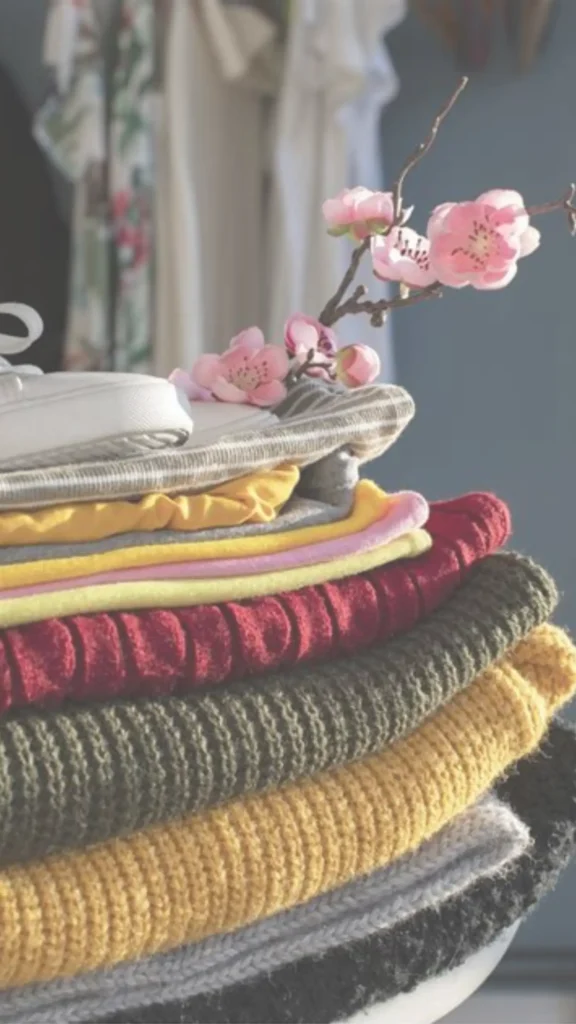 This Pinterest pin showcases a beautifully stacked collection of colorful folded sweaters and a white sneaker, topped with delicate pink flowers, symbolizing a curated and intentional approach to dressing. It serves as a visual inspiration for women's fashion, highlighting how organizing your clothing into a Capsule Wardrobe allows you to prioritize quality, comfort, and versatile style. By simplifying what you own, you can create a functional collection that truly reflects your personality.