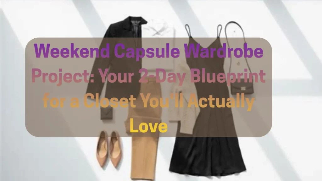 This Pinterest pin titled "Weekend Capsule Wardrobe Project Your 2-Day Blueprint for a Closet You'll Actually Love.webp" features a flat lay of minimalist women's fashion essentials, like a black blazer, white shirt, tan trousers, and a slip dress. The text reads "Weekend Capsule Wardrobe Project: Your 2-Day Blueprint for a Closet You'll Actually Love." This image guides you in curating a versatile Capsule Wardrobe, showing how to mix timeless pieces for an effortlessly chic everyday style.