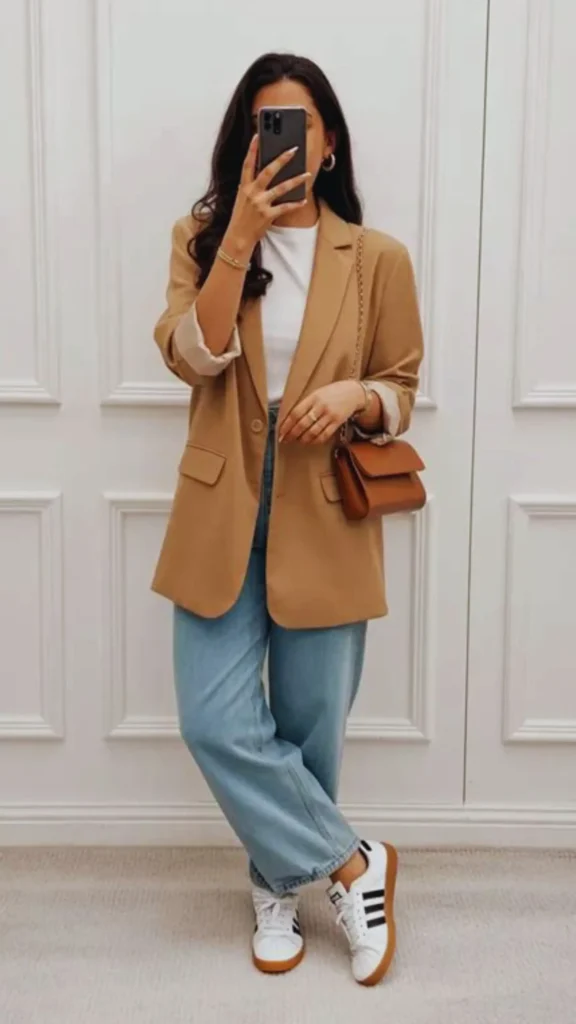 Pinterest pin titled "What Is a Capsule Wardrobe (2026 Definition) (1).webp". The image shows a woman taking a mirror selfie, dressed in a classic, stylish outfit consisting of a camel-colored blazer, a simple white t-shirt, light-wash blue jeans, and sneakers. This look is a perfect representation of a modern Capsule Wardrobe, emphasizing how combining high-quality, versatile basics allows women to create effortless, timeless, and chic fashion choices for any occasion in 2026.