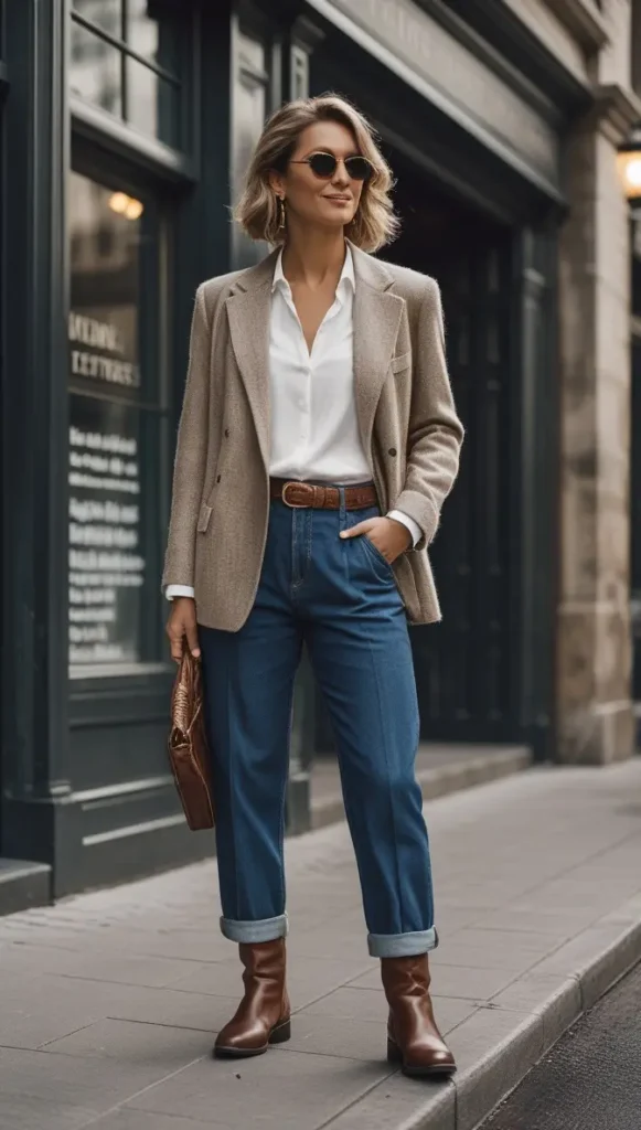 This Pinterest pin, titled "When to Add and When to Subtract.webp", features a stylish woman standing on a city street, wearing a structured beige blazer, a crisp white button-down shirt, cuffed blue jeans, and brown leather ankle boots with a matching belt and handbag. This polished, minimalist outfit is a perfect example of a versatile look for a Capsule Wardrobe in women's fashion, demonstrating how to style timeless staples with effortless sophistication.