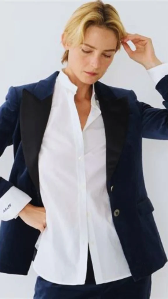 Pinterest pin titled "Where Did This Idea Come From.webp". The image features a woman wearing a sophisticated navy velvet blazer over a crisp white button-down shirt. This elegant and timeless ensemble serves as a perfect example of the style longevity promoted by a Capsule Wardrobe. By focusing on high-quality, versatile pieces that can be dressed up or down, women can create an enduring fashion identity that remains chic and relevant season after season.