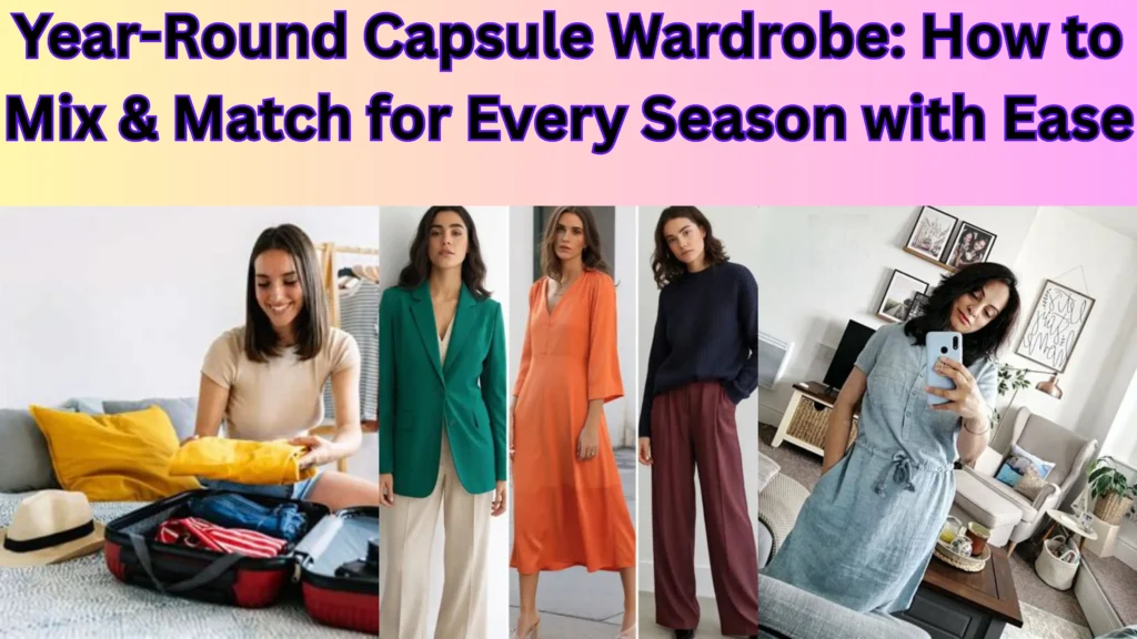 This Pinterest pin, titled "Year-Round Capsule Wardrobe How to Mix & Match for Every Season with Ease.jpg", displays a collage of diverse outfit inspirations for women's fashion. It serves as a guide for building a versatile Capsule Wardrobe that transitions seamlessly through all seasons. The visual showcases practical styling tips, including packing essentials and outfit combinations, to help you master mixing and matching your clothing with ease.