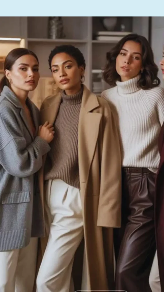 Women's fashion Pinterest pin titled "You'll Suddenly Notice How Much Other People Buy.webp". The image shows a group of three stylish women wearing neutral-toned sweaters, coats, and tailored trousers. This pin prompts reflection on consumer habits, encouraging viewers to shift away from excessive shopping toward a more mindful and intentional approach to fashion. It highlights the lasting appeal and sophistication of a well-curated Capsule Wardrobe composed of timeless, high-quality pieces.