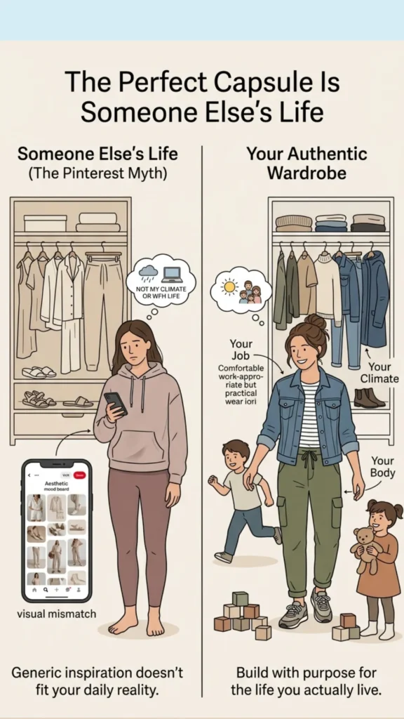 Women's fashion Pinterest pin titled "Your First Capsule Is Just Version (1).webp". This infographic contrasts the "Pinterest Myth" of generic wardrobes with the reality of building "Your Authentic Wardrobe." It illustrates how to avoid a "visual mismatch" by tailoring your clothing choices to your actual job, climate, and daily life. This pin encourages women to build with purpose, ensuring their Capsule Wardrobe truly fits the life they actually live rather than following unrealistic trends.