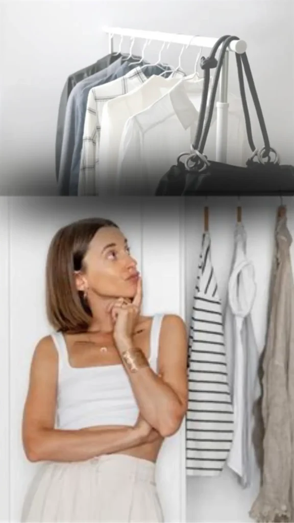 Women's fashion Pinterest pin titled "Your Style Identity Crisis.webp". The image depicts a woman thoughtfully contemplating her clothing rack, highlighting a relatable moment for those feeling stuck in their personal style. This pin encourages viewers to move past a style identity crisis by mindfully curating a versatile and cohesive Capsule Wardrobe, helping them rediscover confidence and ease in their daily dressing routine.
