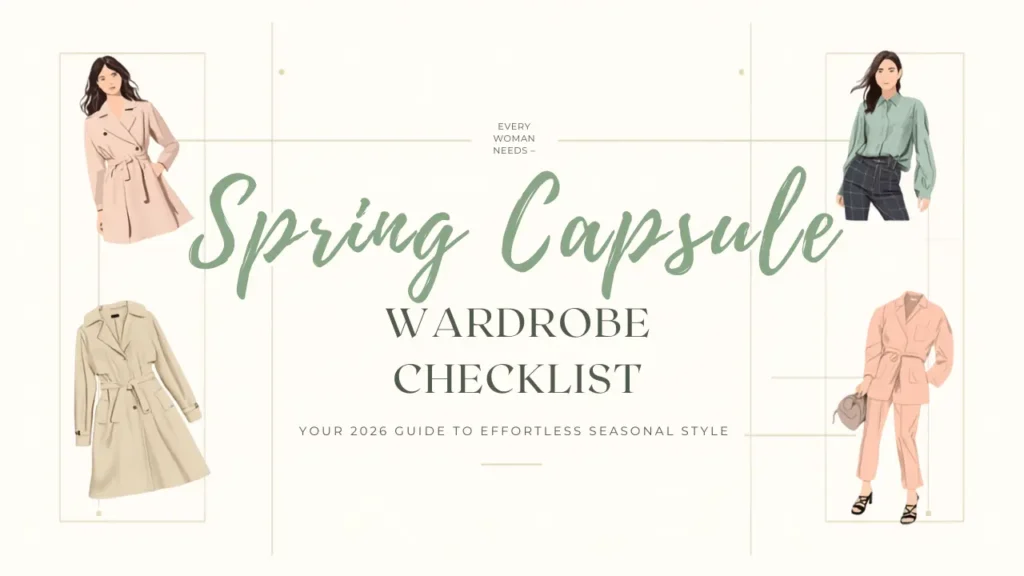 A Pinterest pin titled "Spring Capsule Wardrobe Checklist" subtitled "Your 2026 Guide to Effortless Seasonal Style." This clean cream graphic features elegant fashion illustrations for a women's fashion Capsule Wardrobe. It showcases four versatile looks: two classic trench coats in blush pink and beige, a sage green button-up shirt with dark trousers, and a peach belted utility pantsuit. Ideal inspiration for curating a minimalist, chic, and timeless seasonal wardrobe.