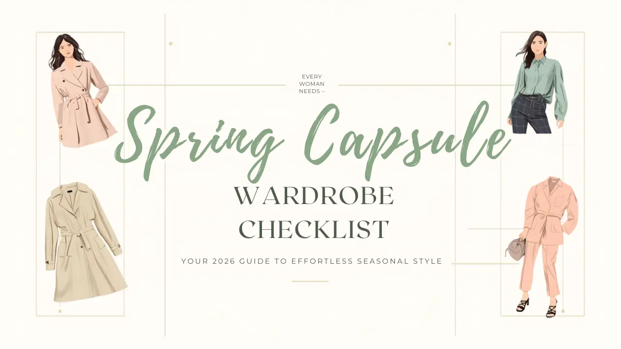 A Pinterest pin titled "Spring Capsule Wardrobe Checklist" subtitled "Your 2026 Guide to Effortless Seasonal Style." This clean cream graphic features elegant fashion illustrations for a women's fashion Capsule Wardrobe. It showcases four versatile looks: two classic trench coats in blush pink and beige, a sage green button-up shirt with dark trousers, and a peach belted utility pantsuit. Ideal inspiration for curating a minimalist, chic, and timeless seasonal wardrobe.
