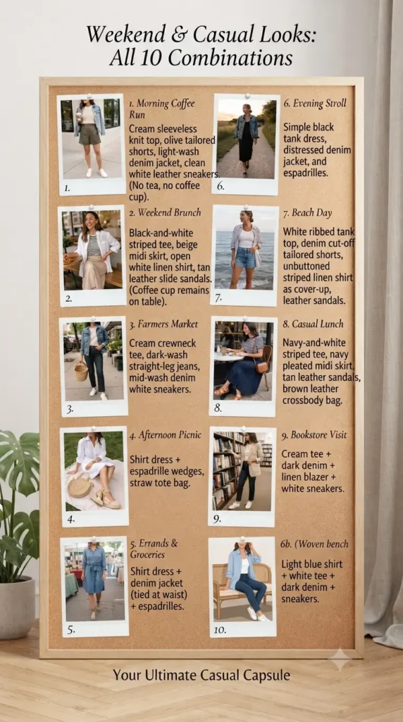 The Pinterest pin "30 Outfit Combinations from 20 Pieces.webp" features a bulletin board display of 10 stylish weekend and casual outfit combinations. It provides actionable inspiration for building a Capsule Wardrobe in women's fashion, demonstrating how to mix and match essentials for various activities like brunch, errands, and beach days. This intentional approach simplifies daily dressing.