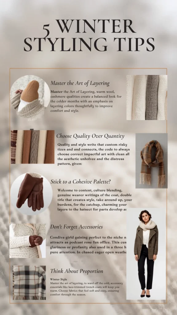 This Pinterest pin, titled "5 Winter Styling Tips," offers essential advice for curating a chic women's fashion Capsule Wardrobe. The infographic outlines five key guideposts: Master the Art of Layering, Choose Quality Over Quantity, Stick to a Cohesive Palette, Don't Forget Accessories, and Think About Proportion. Detail shots showcase cozy knitwear, brown leather gloves, and a classic plaid scarf, alongside a model wearing an elegant, layered cold-weather outfit.