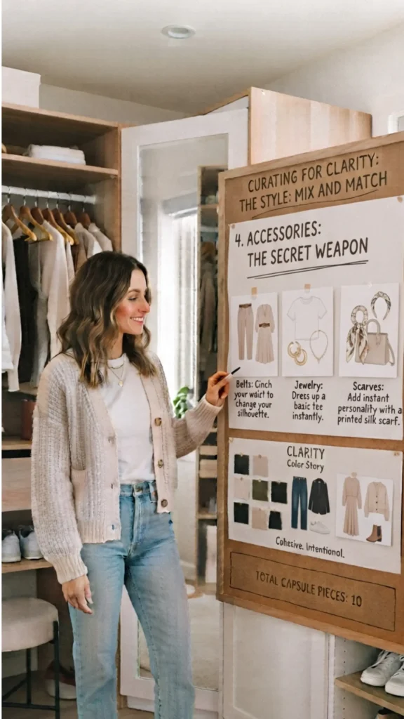 This Pinterest pin, titled "Accessories The Secret Weapon.webp", features a woman explaining how to elevate a Capsule Wardrobe in women's fashion through strategic styling. She highlights how accessories act as a "secret weapon," demonstrating that belts can change your silhouette, jewelry can instantly dress up a basic tee, and scarves add personality to your look. It offers an intentional, minimalist approach to fashion.