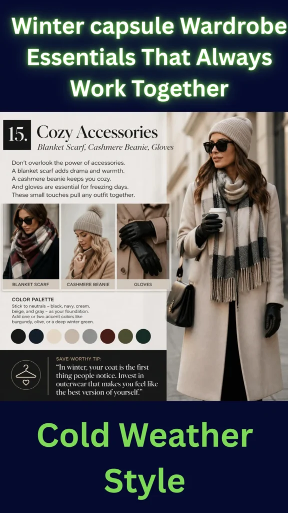 This Pinterest pin, titled "Winter capsule Wardrobe Essentials That Always Work Together," highlights the final cozy accessories needed for a women's cold weather Capsule Wardrobe. The infographic showcases essential items like a blanket scarf, a cashmere beanie, and leather gloves. It also features a winter color palette of neutrals mixed with deep accents. A model in a chic cream coat illustrates this cold weather style, demonstrating how these small details pull a look together.