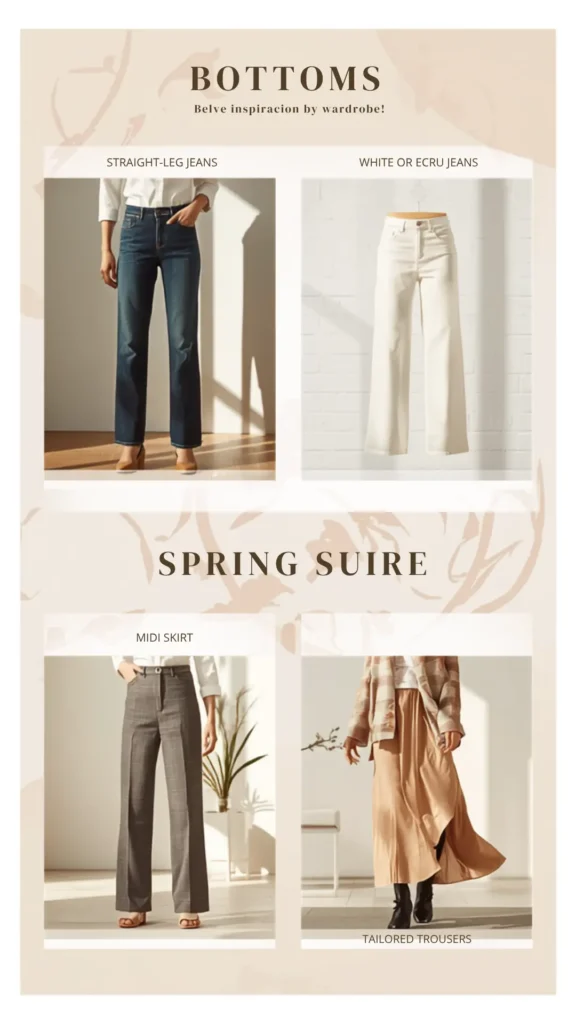 A Pinterest pin titled "Bottoms" showcasing essential pants and skirts for a women's fashion Capsule Wardrobe. The elegant cream infographic features four seasonal staples under "Spring Suire": classic dark straight-leg jeans, crisp white or ecru jeans, high-waisted grey plaid trousers, and a flowing tan satin midi skirt paired with a plaid overshirt and black boots. A minimalist visual guide providing timeless outfit inspiration for curating a chic seasonal wardrobe.