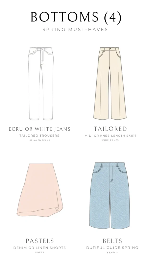A Pinterest pin titled "BOTTOMS (4) SPRING MUST-HAVES" showcasing essential minimalist pieces for a women's fashion Capsule Wardrobe. The clean infographic displays four simple clothing illustrations: high-waisted ecru or white jeans, cream tailored wide-leg pants, a soft pastel pink A-line skirt, and light-blue denim cropped pants. This elegant style guide provides inspiration for mixing and matching timeless, versatile bottoms to build a chic, coordinated spring look.