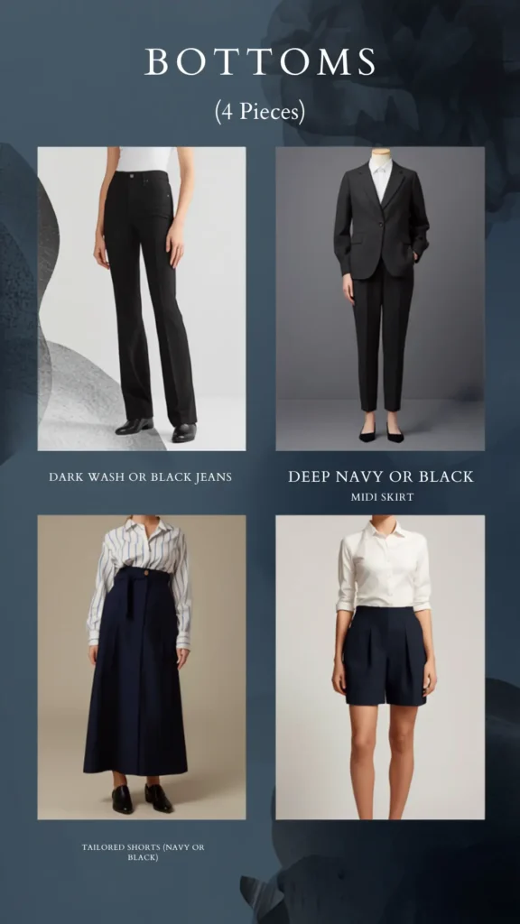 A Pinterest pin infographic titled "BOTTOMS (4 Pieces)" displaying essential lower-body staples for a women's fashion Capsule Wardrobe. Set on a dark slate background, it showcases four versatile pieces: sleek dark wash or black jeans, a classic black tailored trouser suit, a high-waisted deep navy midi skirt paired with a striped shirt, and structured navy tailored shorts with a crisp white button-down blouse. An ideal style guide for minimalist outfit building.
