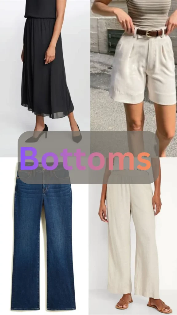This Pinterest pin, titled "Bottoms (4) (1).webp", displays four essential bottoms for a women's fashion Capsule Wardrobe. It features a black skirt, tailored beige shorts, classic dark-wash jeans, and flowy linen trousers. This selection highlights the importance of versatile, foundational pieces that can be easily mixed and matched. These items help simplify your closet, creating a cohesive, minimalist style that is both functional and chic for any daily outfit requirement.