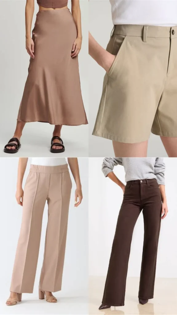 A four-panel grid showcasing 4 essential bottom pieces for a women's fashion Capsule Wardrobe. Set on light neutral backgrounds, it features models styling versatile, timeless bottoms: a silky taupe satin midi skirt paired with slides, tailored khaki shorts with side pockets, beige wide-leg pintuck trousers worn with heels, and high-waisted dark brown straight-leg pants paired with a grey sweater and boots. An ideal visual guide for mixing and matching chic, minimalist outfit foundations.