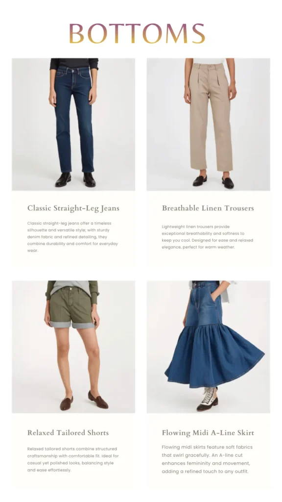 A Pinterest pin titled "BOTTOMS" displaying essential items for a women's fashion Capsule Wardrobe. The image features four versatile pieces: classic dark wash straight-leg jeans, breathable tan linen trousers, olive green relaxed tailored shorts, and a flowing denim midi A-line skirt. This guide highlights key bottom-wear staples that offer comfort, timeless style, and ease of movement, helping you build a functional and intentional closet that mixes and matches effortlessly for any occasion.