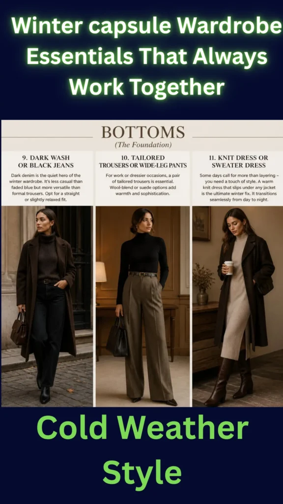 This Pinterest pin, titled "Winter capsule Wardrobe Essentials That Always Work Together," highlights foundational bottoms for a women's winter Capsule Wardrobe. The infographic features three cold weather style examples: straight dark wash or black jeans paired with a long coat, tailored wide-leg trousers styled with a black turtleneck, and a cozy knit sweater dress paired with tall boots. This guide focuses on versatile, elegant staples that mix and match seamlessly from day to night.