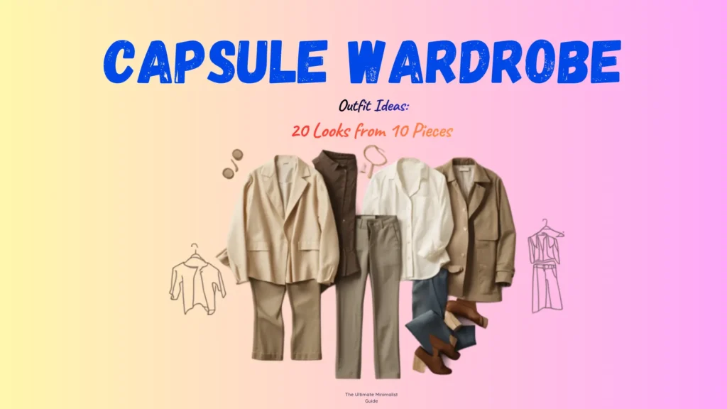 This Pinterest pin features a stylish, curated collection of women's fashion staples, including neutral-toned blazers, shirts, and trousers, set against a soft gradient background. Titled "Capsule Wardrobe," the graphic highlights how to create 20 distinct looks using just 10 essential pieces. It serves as an inspiring guide for those looking to master minimalist style, proving that a versatile Capsule Wardrobe can simplify dressing while maximizing outfit possibilities for any occasion.