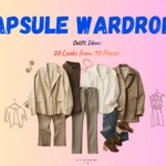 This Pinterest pin features a stylish, curated collection of women's fashion staples, including neutral-toned blazers, shirts, and trousers, set against a soft gradient background. Titled "Capsule Wardrobe," the graphic highlights how to create 20 distinct looks using just 10 essential pieces. It serves as an inspiring guide for those looking to master minimalist style, proving that a versatile Capsule Wardrobe can simplify dressing while maximizing outfit possibilities for any occasion.