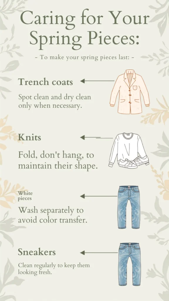 A Pinterest pin infographic titled "Caring for Your Spring Pieces" providing clothing care tips for a women's fashion Capsule Wardrobe. Set on a cream background with soft floral borders, it details four maintenance tips: spot/dry clean trench coats, fold rather than hang knits, wash white pieces separately, and clean sneakers regularly. The guide includes minimalist illustrations of a trench coat, a knit sweater, and denim jeans. Perfect minimalist guide for sustainable wardrobe longevity.