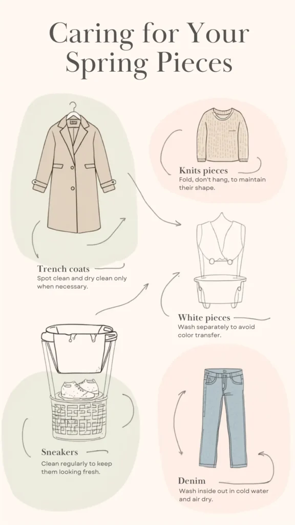 A minimalist beige Pinterest pin titled "Caring for Your Spring Pieces" with garment care tips for a women's fashion Capsule Wardrobe. The infographic features hand-drawn illustrations and advice: spot clean trench coats, fold knits to keep shape, wash white pieces separately, clean sneakers regularly, and wash denim inside out in cold water to air dry. This elegant visual guide helps preserve essential clothing, offering simple steps to maintain a sustainable, timeless wardrobe.