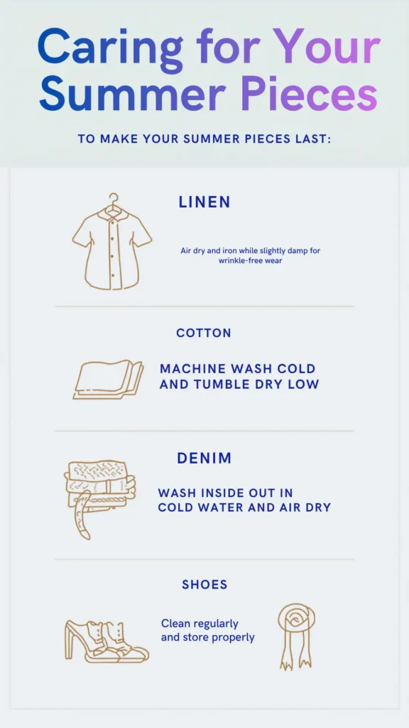 This Pinterest pin, "Caring for Your Summer Pieces," provides essential maintenance tips to help your Capsule Wardrobe last throughout the season. It offers specific care instructions for common summer fabrics: air dry linen and iron while slightly damp, machine wash cotton cold and tumble dry low, and wash denim inside out in cold water before air drying. It also suggests cleaning and storing shoes properly to maintain your fashion essentials.