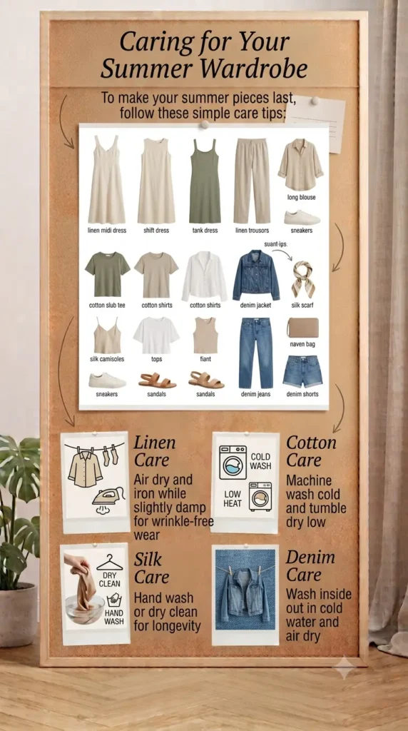 The Pinterest pin "Caring for Your Summer Wardrobe.webp" shares essential maintenance tips to help your Capsule Wardrobe pieces last. It outlines specific care instructions for fabrics in women's fashion: air dry and iron linen while damp, machine wash cotton cold and tumble dry low, hand wash or dry clean silk, and wash denim inside out.