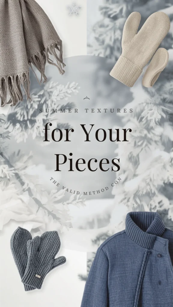 A Pinterest pin highlighting garment care for a women's fashion Capsule Wardrobe. The aesthetic collage features a frosty, winter-inspired background surrounded by cozy seasonal textures. Visible items include a fringed grey scarf, cream knit mittens, grey ribbed mittens, and a textured blue high-collar jacket. The central text reads 'for Your Pieces,' emphasizing tips and methods to maintain the quality, longevity, and appearance of your favorite minimalist wardrobe staples.
