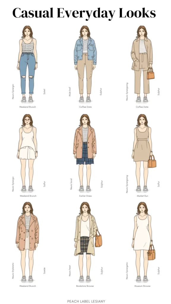 A Pinterest pin titled "Casual Everyday Looks" showing a 3x3 grid of minimalist fashion illustrations for a women's Capsule Wardrobe. The hand-drawn guide features versatile outfits for daily occasions like a Weekend Brunch, Coffee Date, and Market Run. It showcases mix-and-match neutral staples, including a beige trench coat, denim jacket, striped tees, simple dresses, skirts, and classic trousers in soft shades of blue, cream, tan, and peach for effortless everyday style inspiration.