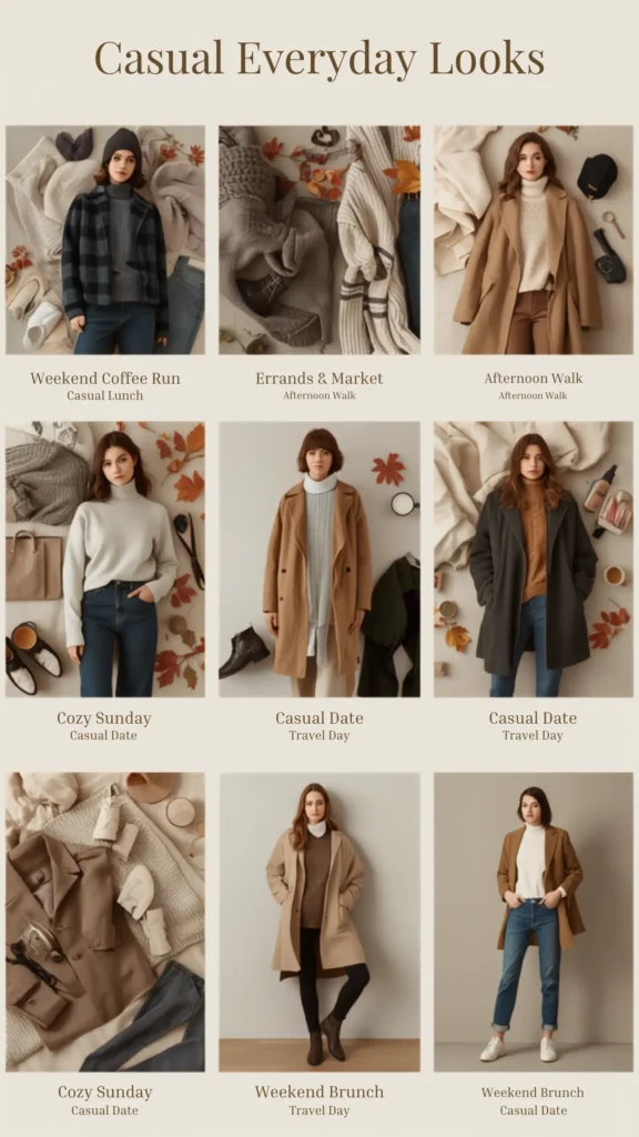 A Pinterest pin titled "Casual Everyday Looks" showcasing a 3x3 grid of mix-and-match outfits for a women's fashion Capsule Wardrobe. The grid features models and flat lays displaying minimalist autumn and winter styles in neutral tones like camel, cream, grey, and denim. Outfits are curated for occasions like a Weekend Coffee Run, Errands, Cozy Sunday, and Casual Dates, utilizing versatile layers like long coats, tailored blazers, cozy knit turtlenecks, classic jeans, and boots.