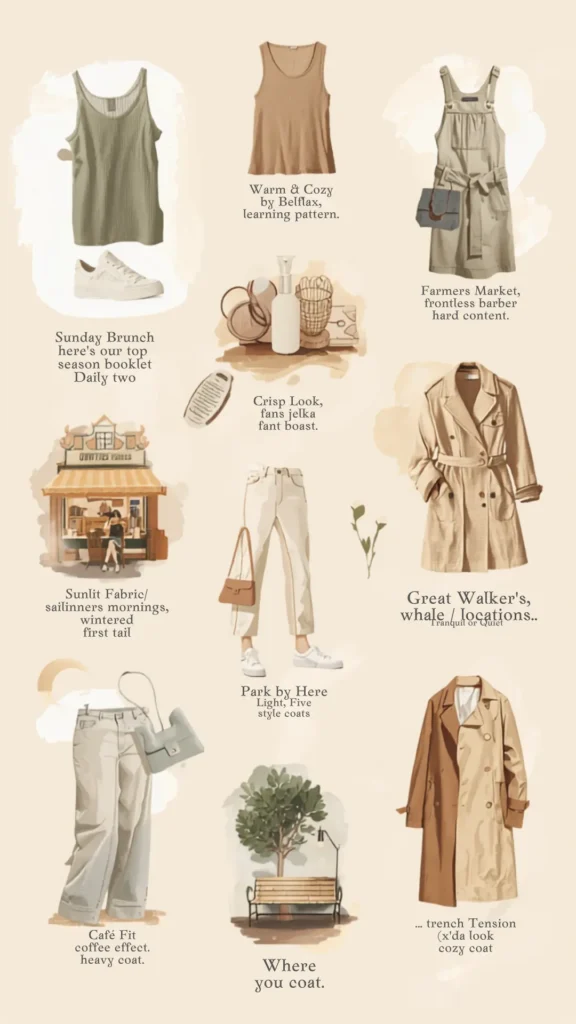 A Pinterest pin graphic showcasing casual daily style inspiration for a women's fashion Capsule Wardrobe. Set on a cream background with soft watercolor accents, it features illustrations of minimalist outfits for scenarios like Sunday Brunch, Farmers Market, and Café Fit. Featured clothing items include a sage green tank top, a beige overall dress, white straight-leg pants, wide-leg trousers, classic double-breasted trench coats, and white sneakers for an effortless aesthetic.