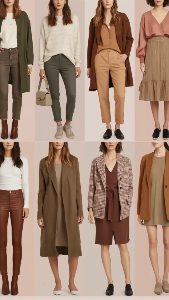 An eight-panel grid collage showcasing versatile outfit combinations for a women's fashion Capsule Wardrobe in an earthy autumn palette. Features models wearing layered looks using olive coats, cozy beige sweaters, camel trousers, tailored blazers, leather pants, midi skirts, and casual dresses. Styled with ankle boots, loafers, and sneakers in neutral shades of brown, rust, olive, and tan. An ideal visual guide for mixing and matching timeless, minimalist outfit formulas.