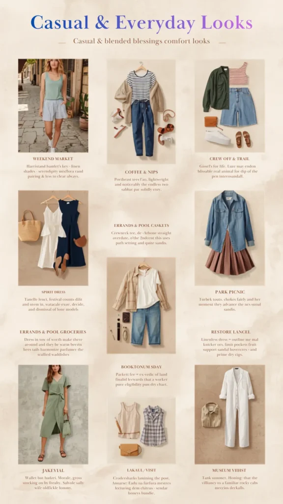 This Pinterest pin, "Casual & Everyday Looks," features a collage of outfit combinations perfect for a women's fashion Capsule Wardrobe. The image displays a variety of comfortable, stylish essentials including dresses, denim jeans, t-shirts, and casual footwear like sneakers and sandals. It serves as a guide for building an intentional, minimalist wardrobe, showing how to mix and match versatile pieces to create effortless, everyday looks for any occasion.