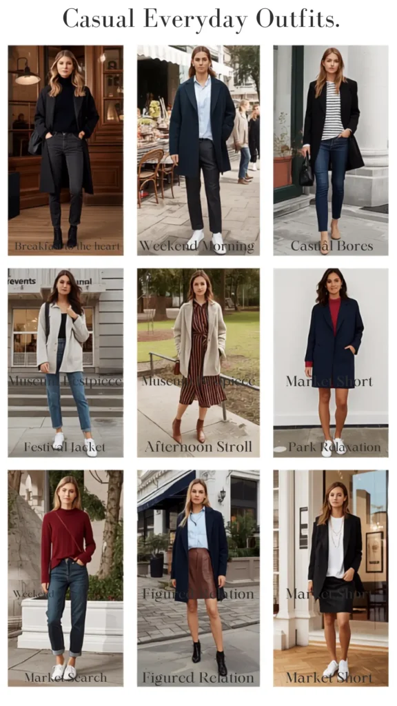 A Pinterest pin grid titled "Casual Everyday Outfits" presenting nine stylish outfit combinations for a women's fashion Capsule Wardrobe. Set on a clean white backdrop, it features models styling versatile staples like long wool coats, structured blazers, striped tees, burgundy knits, dark jeans, dresses, leather skirts, ankle boots, and white sneakers for everyday wear. An essential visual guide for mixing and matching timeless, chic casual outfits for any day of the week.