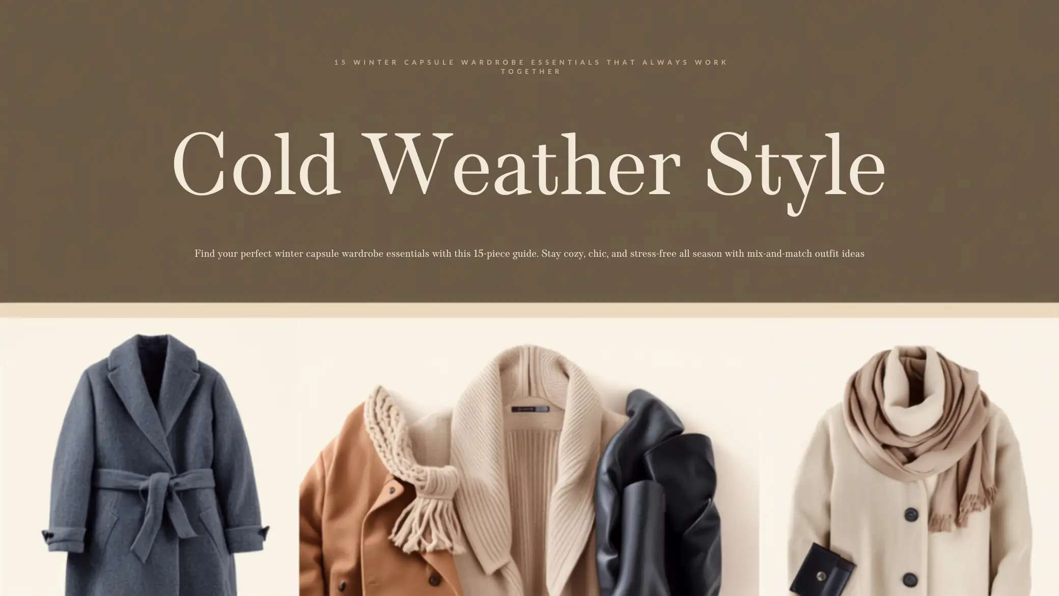 This Pinterest pin, titled "Cold Weather Style," introduces a 15-piece guide to building a functional winter Capsule Wardrobe. The image showcases essential pieces for women's fashion, including cozy coats in charcoal, tan, and cream tones, paired with warm scarves. Designed for versatility, this collection offers stress-free, mix-and-match outfit ideas that keep you chic and comfortable all season long, making it easy to create a polished, intentional look during colder months.
