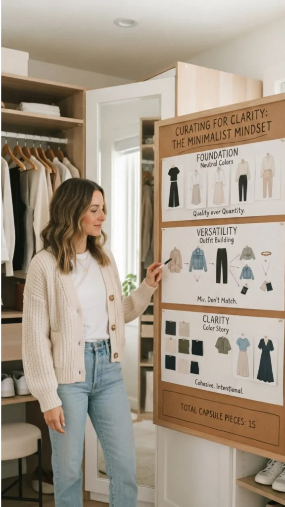 This Pinterest pin, titled "Curating for Clarity The Minimalist Mindset.webp," shows a woman explaining the strategy behind a Capsule Wardrobe for women's fashion. On a corkboard, she breaks down the minimalist mindset into three sections: "Foundation" for quality neutral pieces, "Versatility" for effective outfit building, and "Clarity" for a cohesive color story. By limiting the total to 15 pieces, this guide emphasizes intentional, functional style that simplifies your daily wardrobe choices.