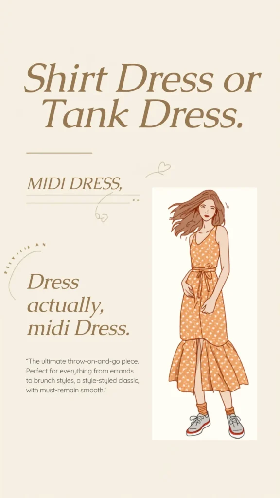 A Pinterest pin titled "Shirt Dress or Tank Dress" highlighting a versatile midi dress for a women's fashion Capsule Wardrobe. The elegant cream graphic describes it as a throw-on-and-go piece perfect for errands or brunch. It features a stylish hand-drawn fashion illustration of a woman in a sleeveless, belted orange floral midi dress with a ruffled high-low hem, paired with grey sneakers and orange socks. Ideal inspiration for a minimalist, effortless seasonal wardrobe.