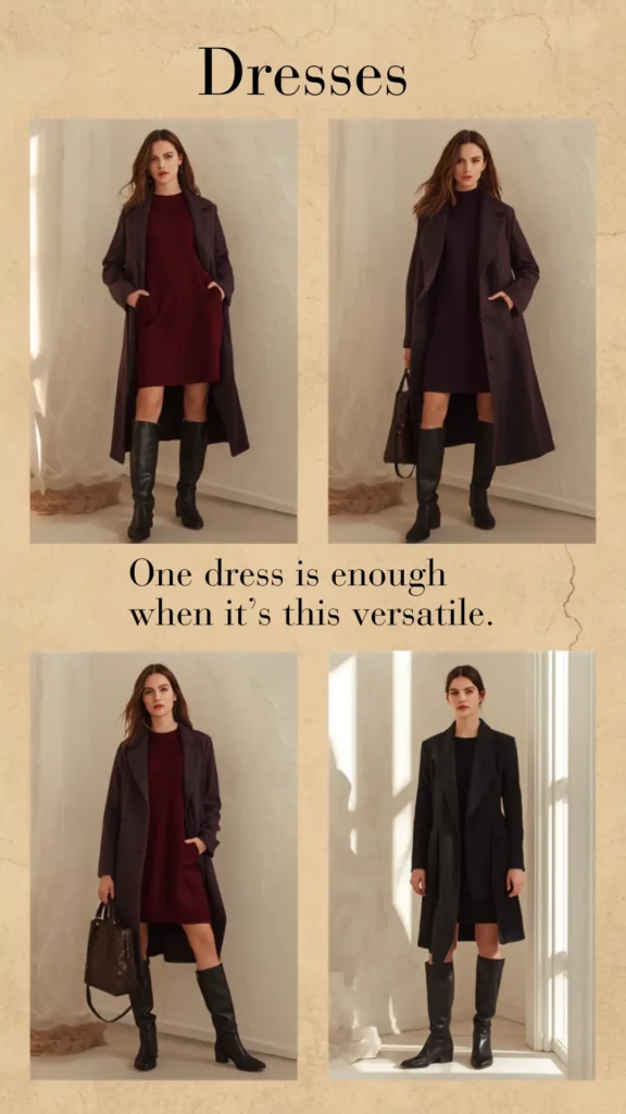 A Pinterest pin titled "Dresses" with the quote "One dress is enough when it's this versatile" showcasing dress styling for a women's fashion Capsule Wardrobe. Set on a textured beige background, it features four chic outfit photos of a model styling a short knit dress. Looks show a deep burgundy sweater dress paired with a long dark coat and black knee-high boots, styled with a tote bag, along with a sleek black dress version. Perfect guide for versatile, minimalist seasonal fashion.