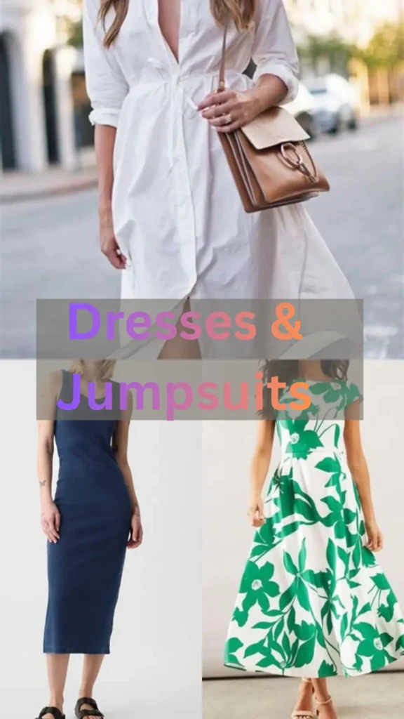 The Pinterest pin "Dresses & Jumpsuits.webp" showcases a stylish variety of one-piece outfits perfect for a versatile Capsule Wardrobe in women's fashion. The collage features a chic white shirt dress paired with a handbag, a sleek navy blue sleeveless dress, and a vibrant white midi dress with a green floral print. These options demonstrate how dresses can simplify your daily routine while maintaining an intentional minimalist style.