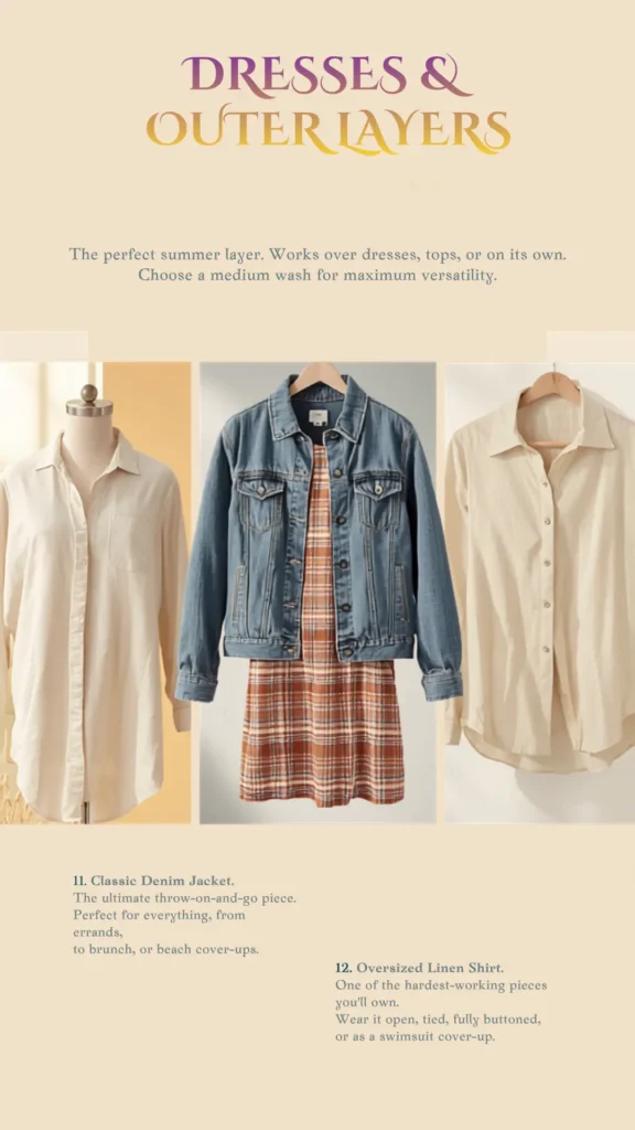 Elevate your summer women's fashion with these essential layers for your Capsule Wardrobe. This pin showcases versatile styling pieces, including a classic medium-wash denim jacket, a patterned plaid dress, and a neutral oversized linen shirt. Perfect for layering over outfits, these items offer maximum versatility for your minimalist wardrobe, making it easy to create polished, comfortable looks for any occasion, from daily errands to brunch or beach outings.