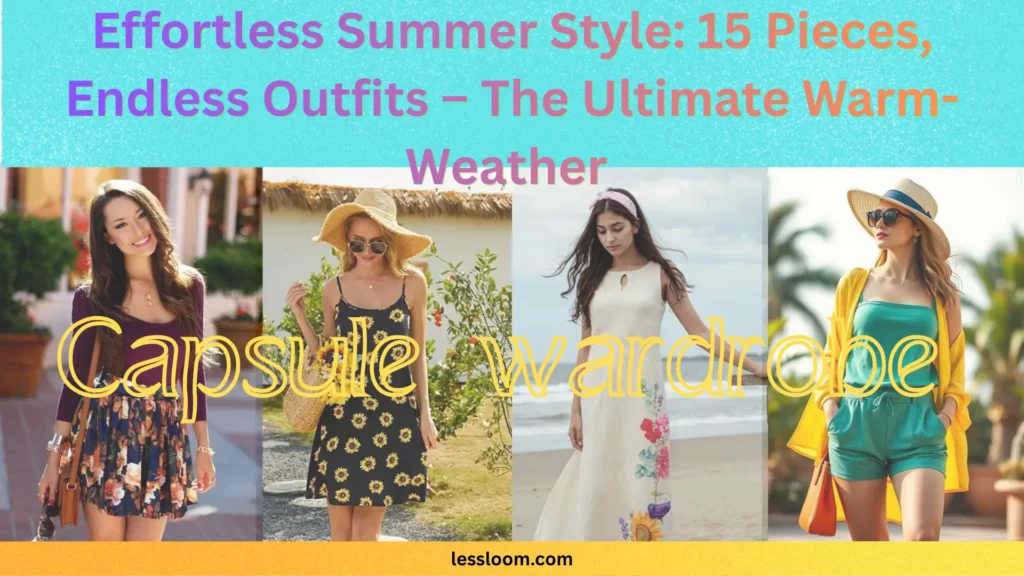 The Pinterest pin "Effortless Summer Style 15 Pieces, Endless Outfits – The Ultimate Warm-Weather Capsule wardrobe.webp" showcases a collage of vibrant summer fashion looks. It highlights how to create a versatile Capsule Wardrobe using just 15 pieces, featuring outfits like floral skirts, sunflower sundresses, white maxi dresses, and colorful rompers. This visual guide offers inspiration for women seeking an effortless, intentional style that maximizes outfit combinations for warm weather.